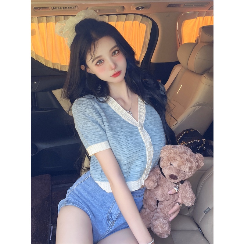 Áo Dệt Kim Ngắn Cổ Chữ V Thời Trang Hàn Quốc Cho Nữ