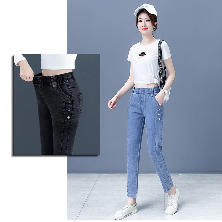 Quần jeans nữ cạp thun, quần bò nữ thiết kế đính khuy thời trang, chất bò nữ bền đẹp giữ form QS40