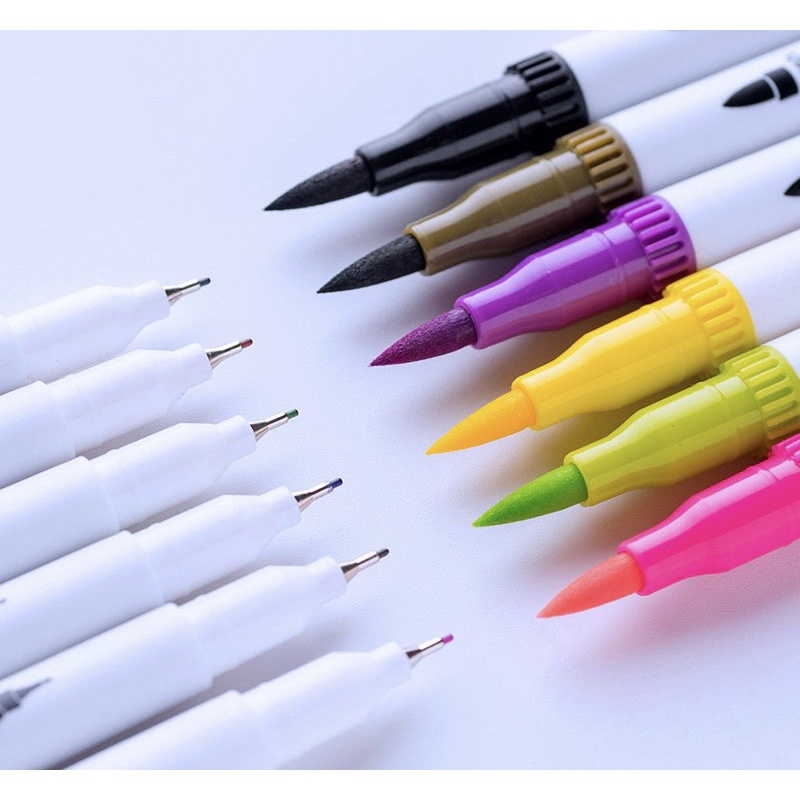 Bút brush 12 màu 2 đầu viết, bút highlight nhiều màu