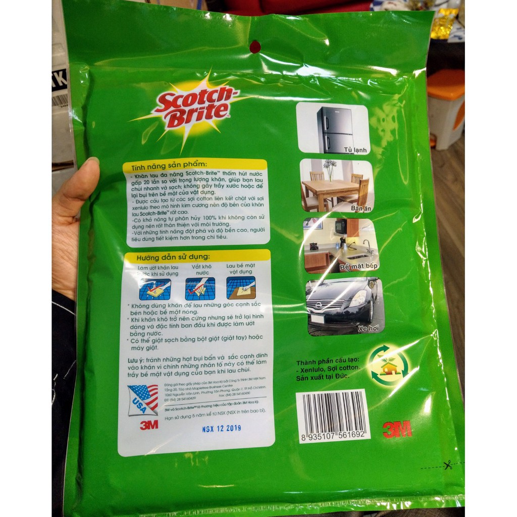 Khăn Lau Đa Năng 3M Scotch Brite Gói 3-Lau Mọi Bề Mặt,Thấm Hút Gấp 20 Lần 18x20cm