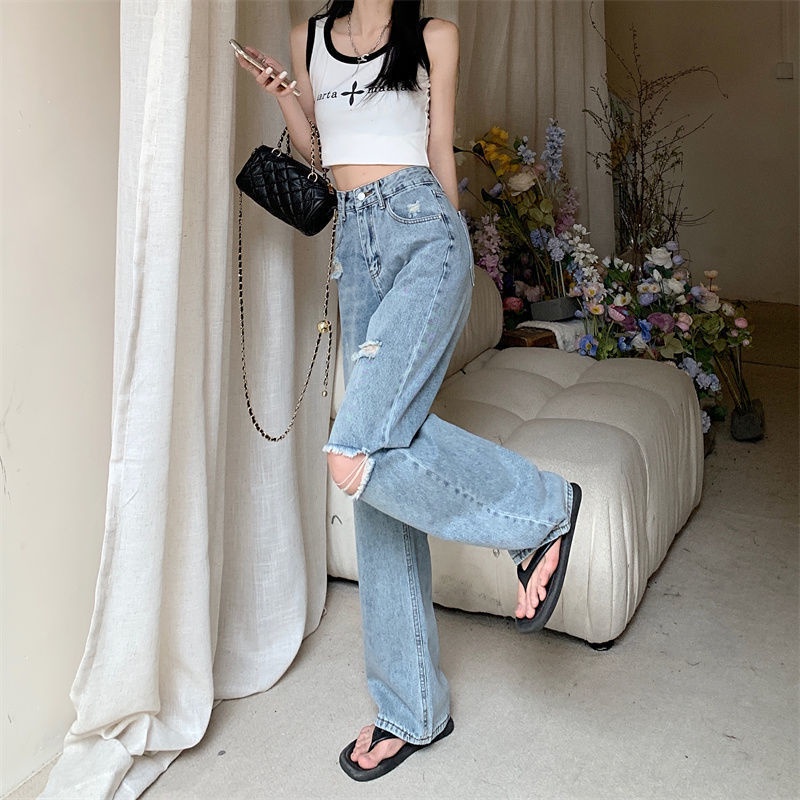 COZOK Quần Jean Ống Rộng Lưng Cao Phối Rách Cá Tính Trẻ Trung