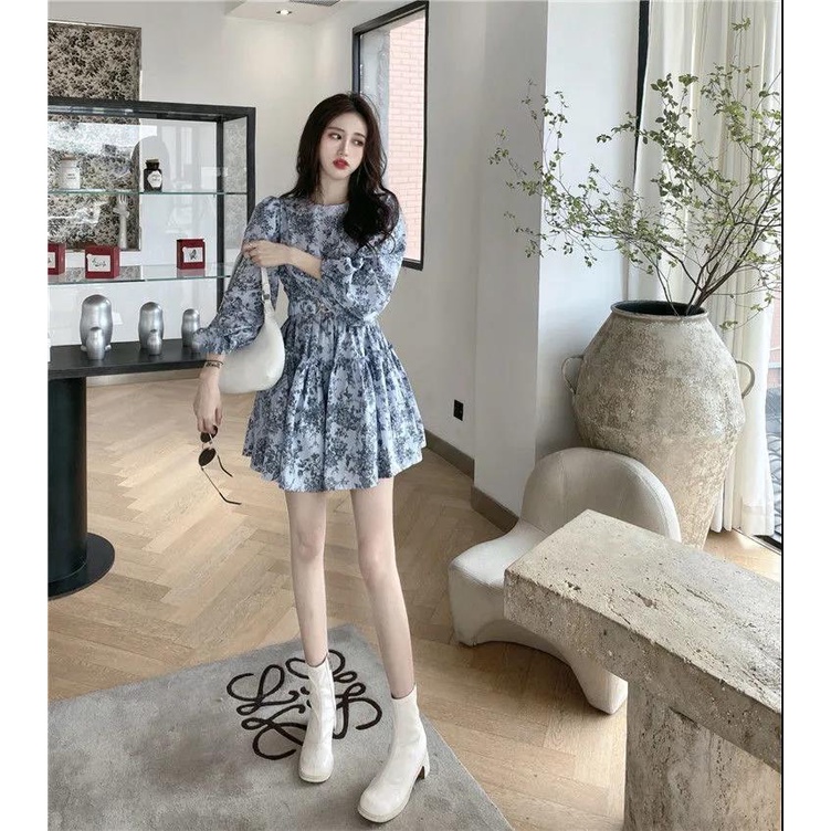 Đầm tay dài cổ tròn in họa tiết thời trang mùa thu cho nữ 2023