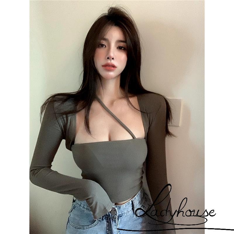 Áo croptop dây phối áo ngoài tay dài gợi cảm thời trang cho nữ có 3 màu tùy chọn