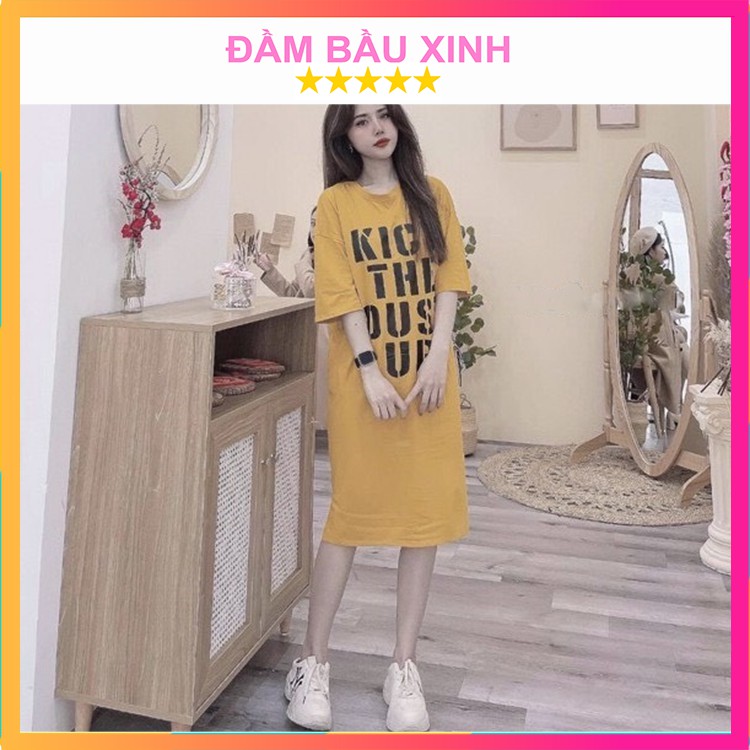 Đầm Bầu Suông Tay Lỡ Chất Cotton Co Dãn Váy Dài Họa Tiết Chữ KickUp Hàng VNXK