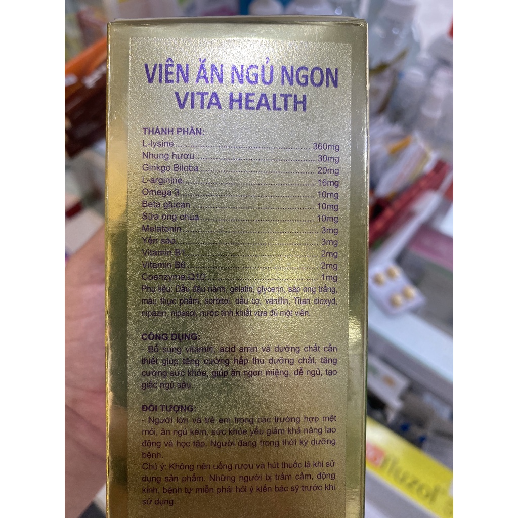 Viên ăn ngon ngủ ngon Vita health, giúp ngủ ngon, ăn ngon, tăng cường sức khỏe, hỗ trợ mất ngủ, chai 60 viên