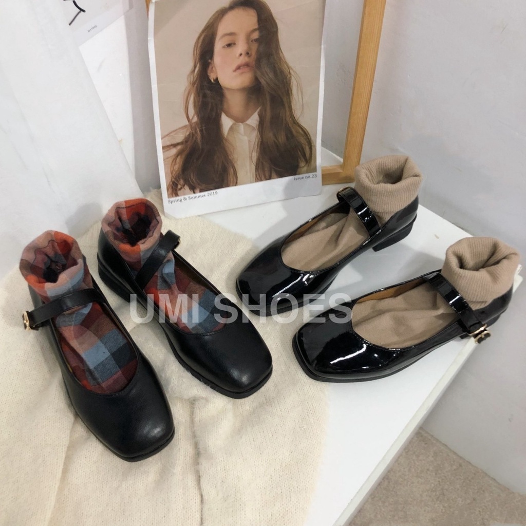 [NOWSHIP HN] Giày nữ Mary Jane da bóng đế 3 phân vintage retro mũi vuông đơn giản đi học xinh xắn đẹp mới hot UMI SHOES