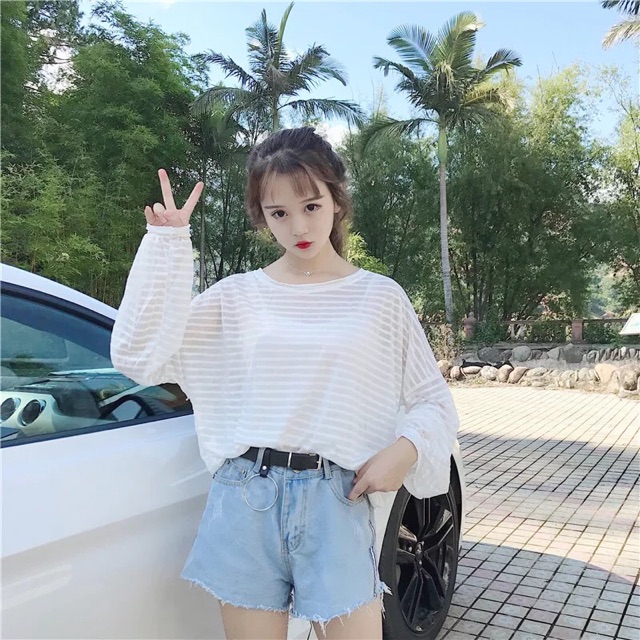 [ Sẵn Vàng & Trắng ] Áo thun mỏng tay dài sọc ngang ulzzang_Hình thật