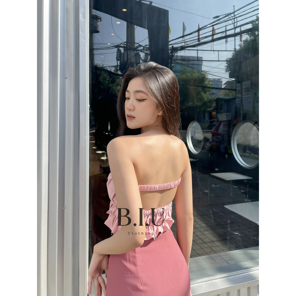 Set áo croptop hở lưng nhún chân váy dài xẻ hot trend màu hồng pinky BB0014 BIU Clothing