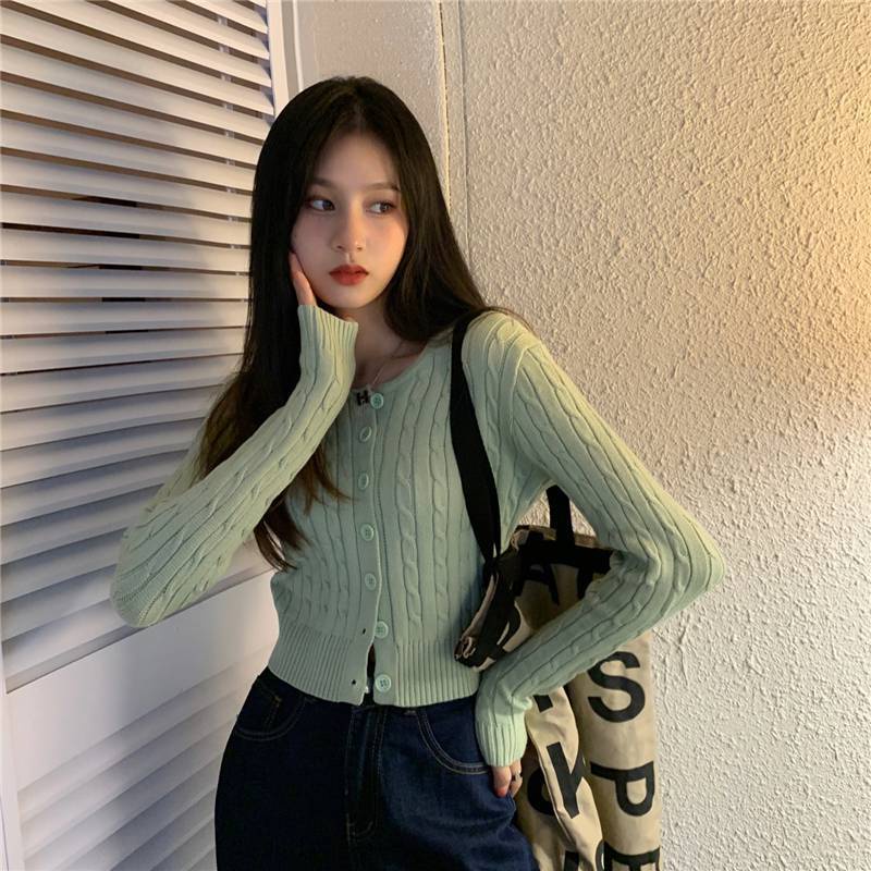áo len gân khuy tay dài dáng Croptop - áo Len khuy vặn thừng