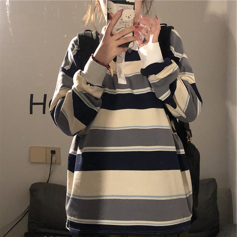 SUXI Áo thun cổ polo họa tiết kẻ sọc dáng rộng phong cách Hàn Quốc năng động cho nữ