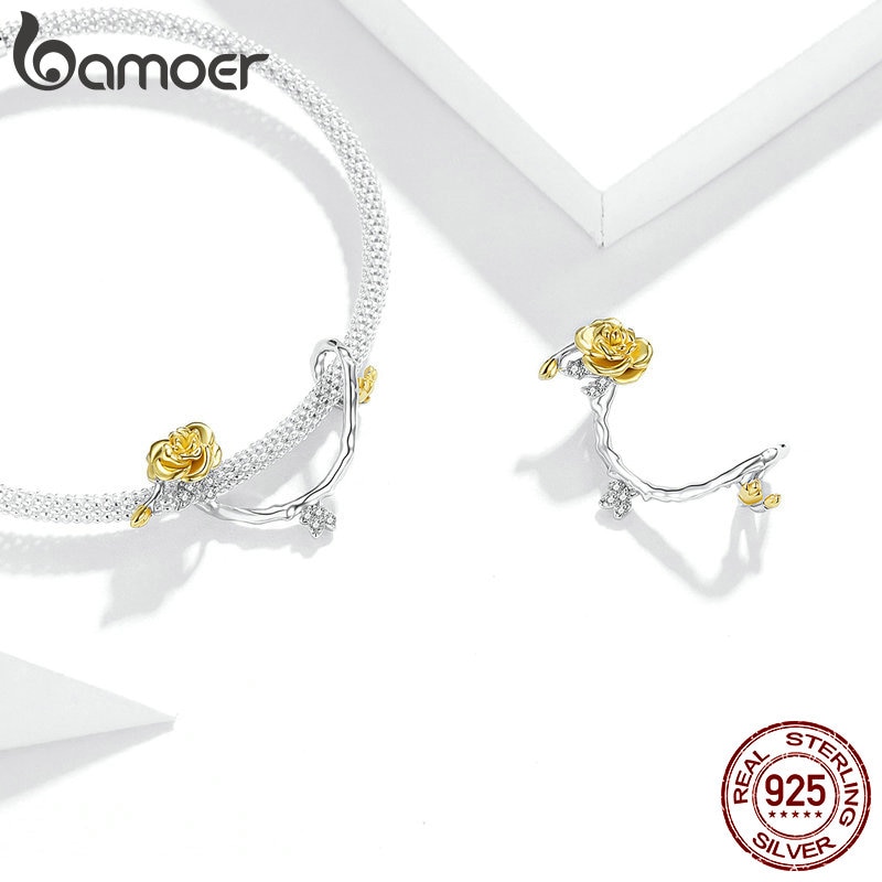 Hạt charm Bamoer BSC322 hình nhánh hoa hồng bạc 925 trang trí vòng tay xinh xắn