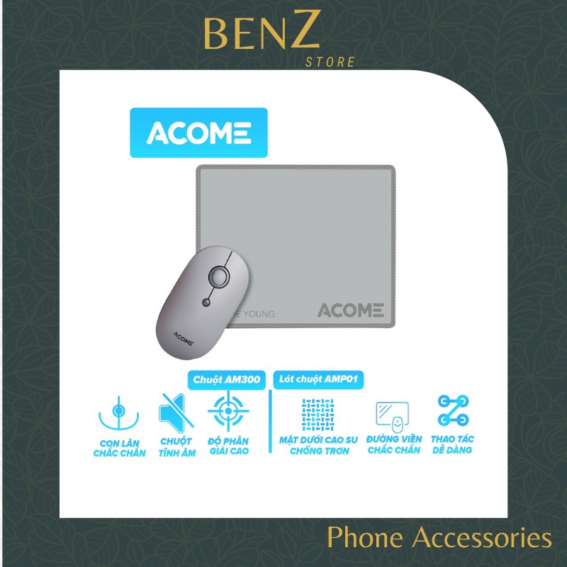 Chuột Bluetooth không dây Tặng Lót chuột xịn Acome AM300 tĩnh âm có Pin kèm theo BenZ Store
