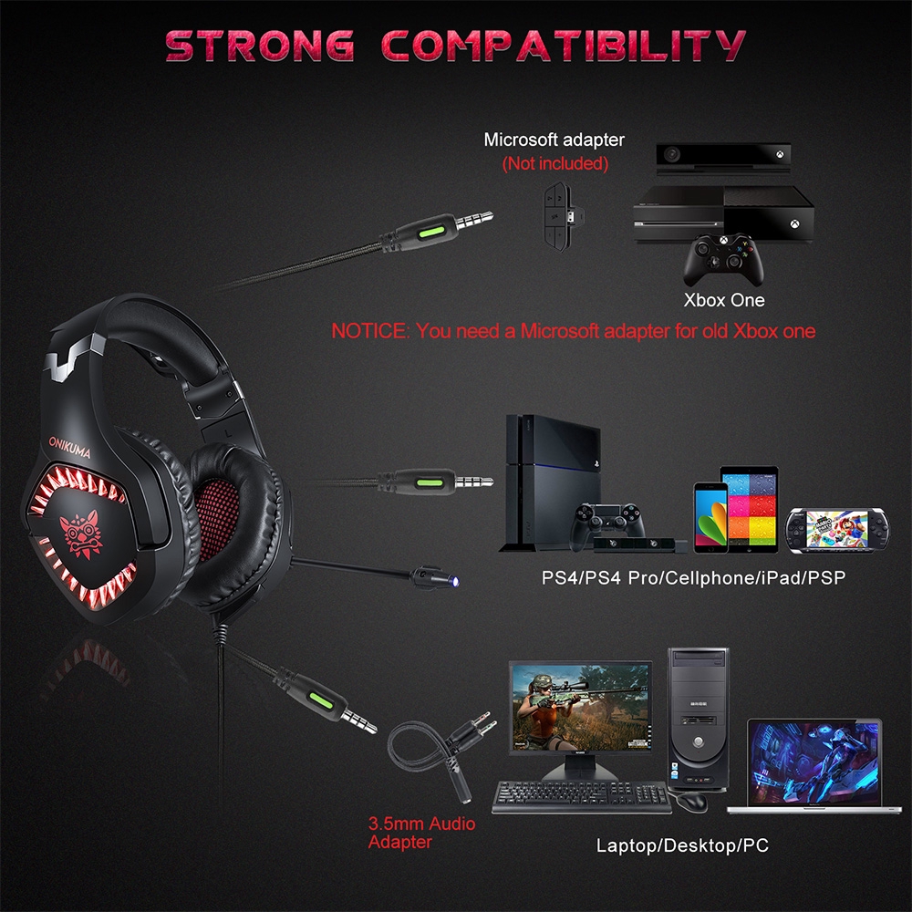 ONIKUMA K1pro Tai Nghe Chơi Game LED Lights Stereo Surround Noise Reduction Headphone with Mic Volume Control for Laptop, PC, Mac, IPad, Smartphones