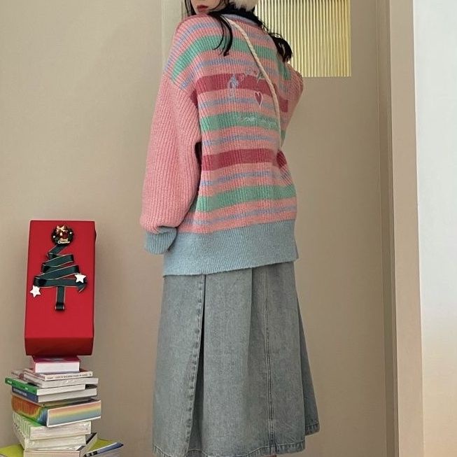 Áo Khoác Len Cardigan Dáng Rộng Thêu Hình Cầu Vồng Kiểu Vintage Nhật Bản Dễ Thương Cho Nữ