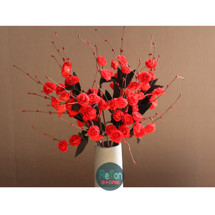 Cành hồng đỏ baby có nụ style vintage retro hoa cao cấp trang trí nhà cửa tiệc cưới, đạo cụ chụp ảnh