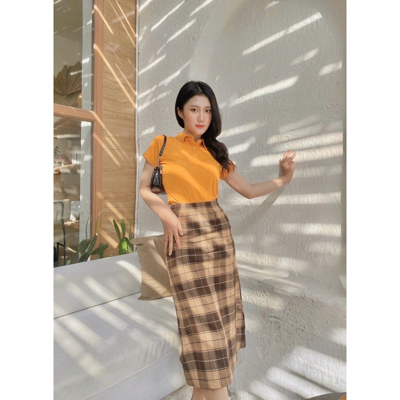 [ẢNH THẬT] Set áo thun cổ trụ + Chân váy caro màu siêu Tây | BigBuy360 - bigbuy360.vn