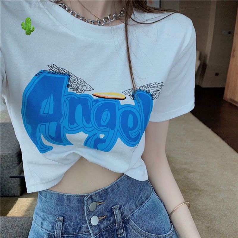 Áo thun cổ tròn croptop in chữ loang màu cực xinh