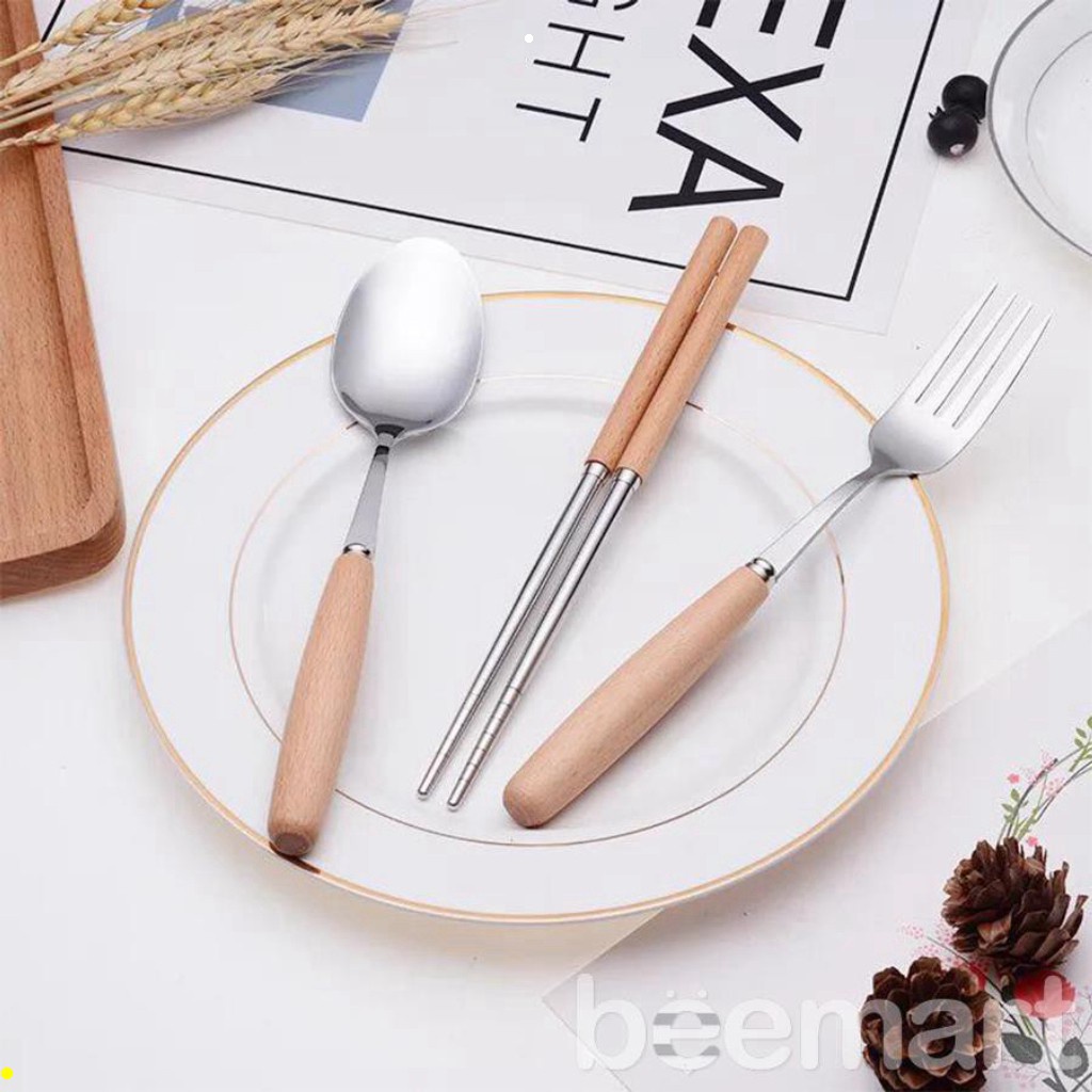 Bộ thìa, đũa, dĩa Inox cán gỗ sồi sang trọng tặng kèm hộp đựng lúa mạch