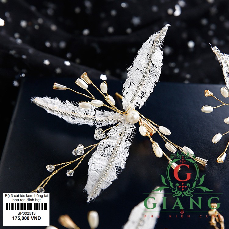 Bộ 3 cài tóc kèm bông tai hoa ren đính hạt mẫu cài tóc mới 9-2019