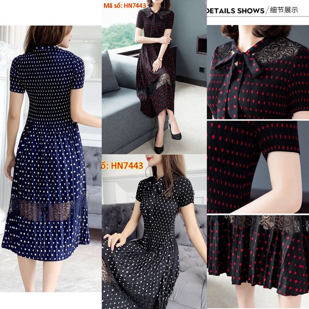 ➡️HN7443 ĐẦM XÒE CHẤM BI DẬP LY PHỐI REN CỔ NƠ CÁCH ĐIỆU SANG TRỌNG - HÀNG NHẬP KHẨU