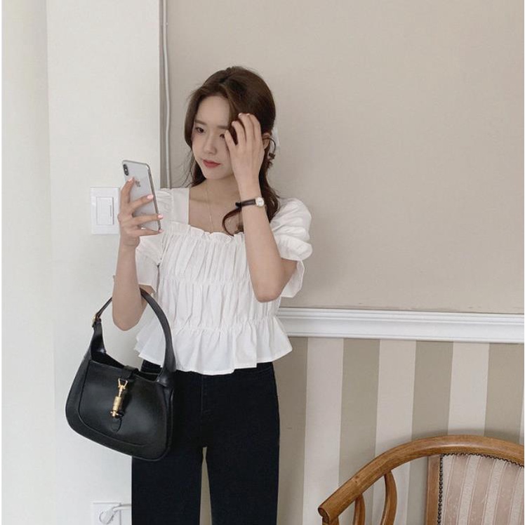 Áo Sơ Mi Tay Ngắn Cổ Vuông Màu Trơn Thời Trang Cho Nữ