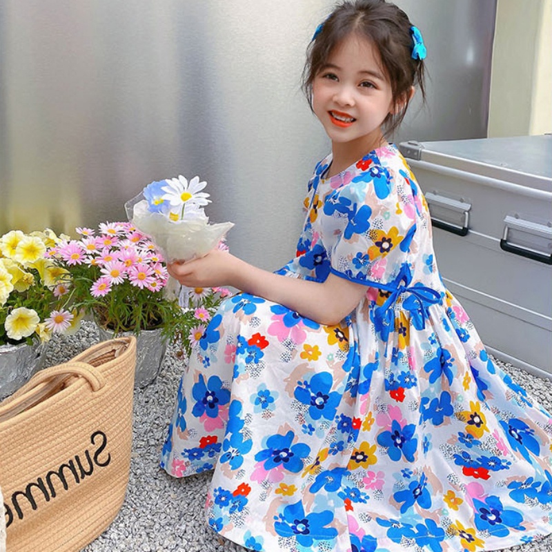 Đầm Công Chúa Cổ Tròn In Hoa Màu Xanh Dương Ngọt Ngào Toàn Diện Cho Bé Gái