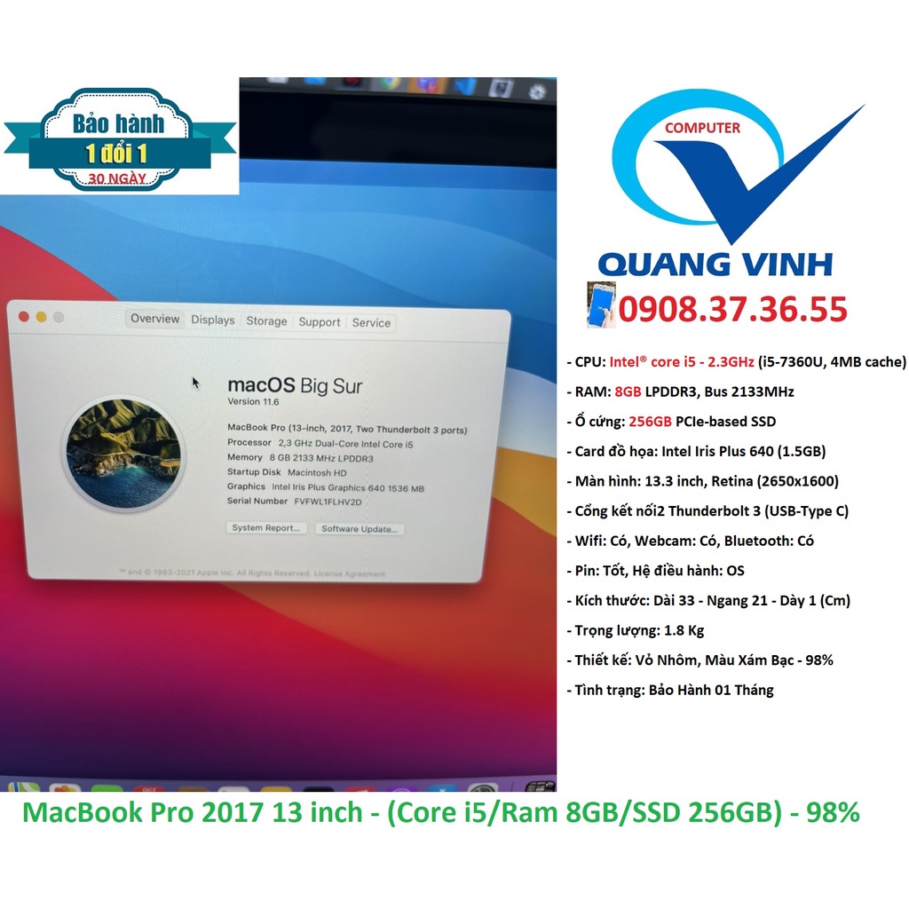 [HCM]Laptop MacBook Pro 2017/ Core i5 -7360/ Ram 8GB/ SSD 256GB/ Lcd 13inch (Mới 98%) | BigBuy360 - bigbuy360.vn