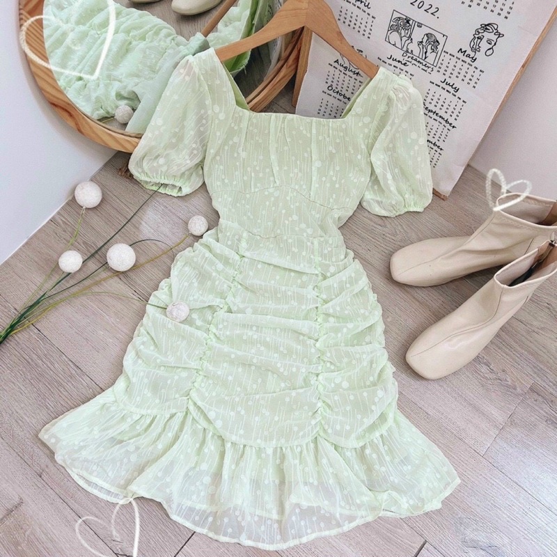 ❤️Đầm xanh nhún thân kèm hình thật