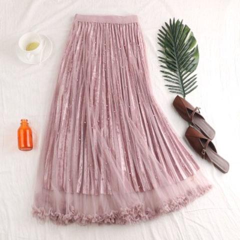 卐Mùa đông móng tay hạt vàng nhung lưới sợi váy cô gái thu 2018 mới pleated Fairy Long