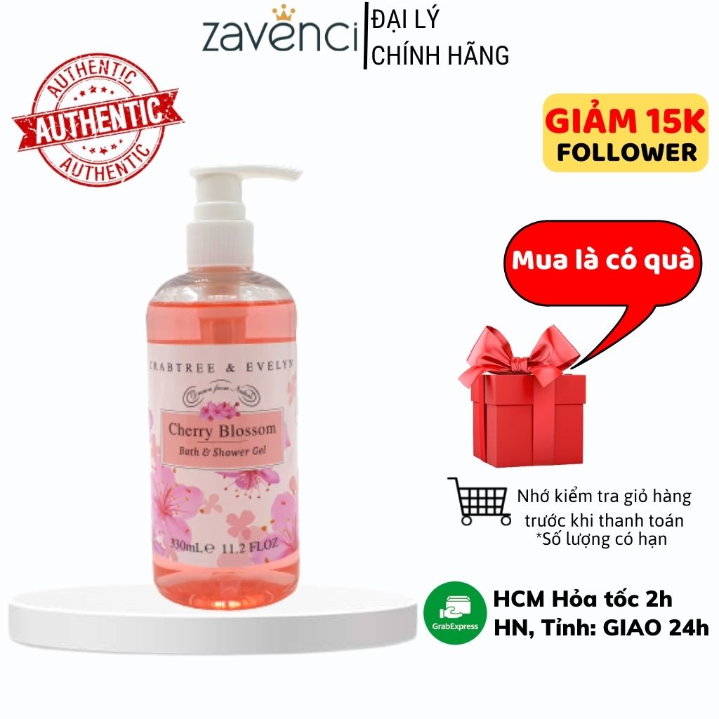 Sữa Tắm Nước Hoa CRABTREE &amp; EVELYN Dưỡng Da Trắng Sáng Mềm Mịn Hương Hoa Anh Đào Tự Nhiên (330ml)