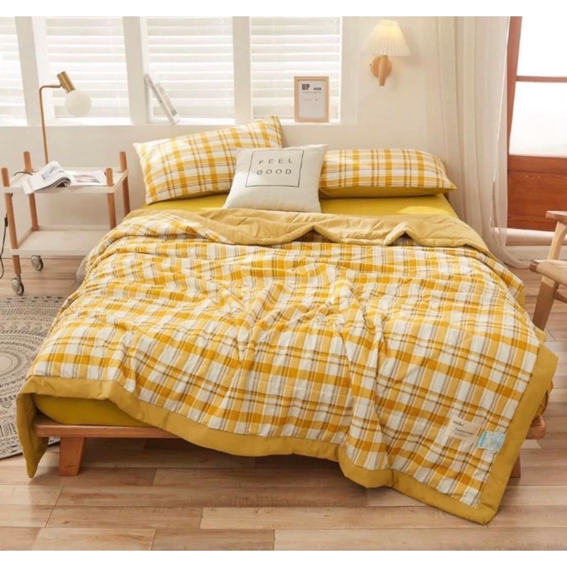 ( Ảnh Thật - Kèm Chăn Hè )Bộ Chăn Ga Gối Cottton Tici ✨ m6/m8/2m✨set 4 Món Basic Vintage Caro Cao Cấp