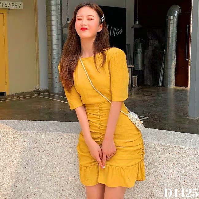 [ Hình thật ] D1425 Đầm vàng đuôi cá nhún thân dưới