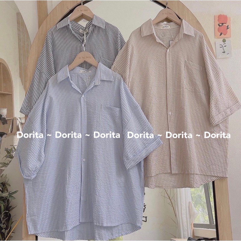 Áo sơ mi kẻ sọc vải đũi xốp tay lửng, Áo sơ mi basic Hàn Quốc - Dorita Boutique