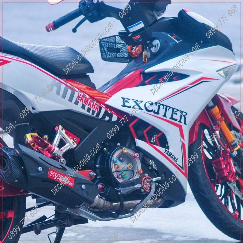 Tem Xe Máy - Decal Trùm Exciter 150 Trắng Đường Viền Đỏ Đơn Giản Nhất
