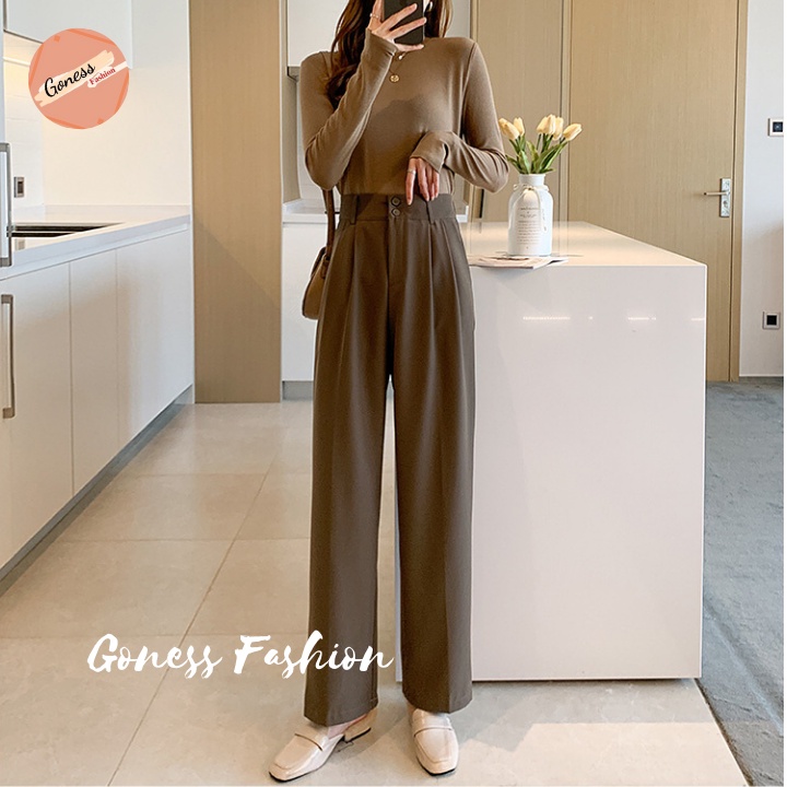 Quần ống rộng Goness 2 khuy lưng cạp cao baggy vải nữ dài suông loe culottes xuông nhiều màu QD02