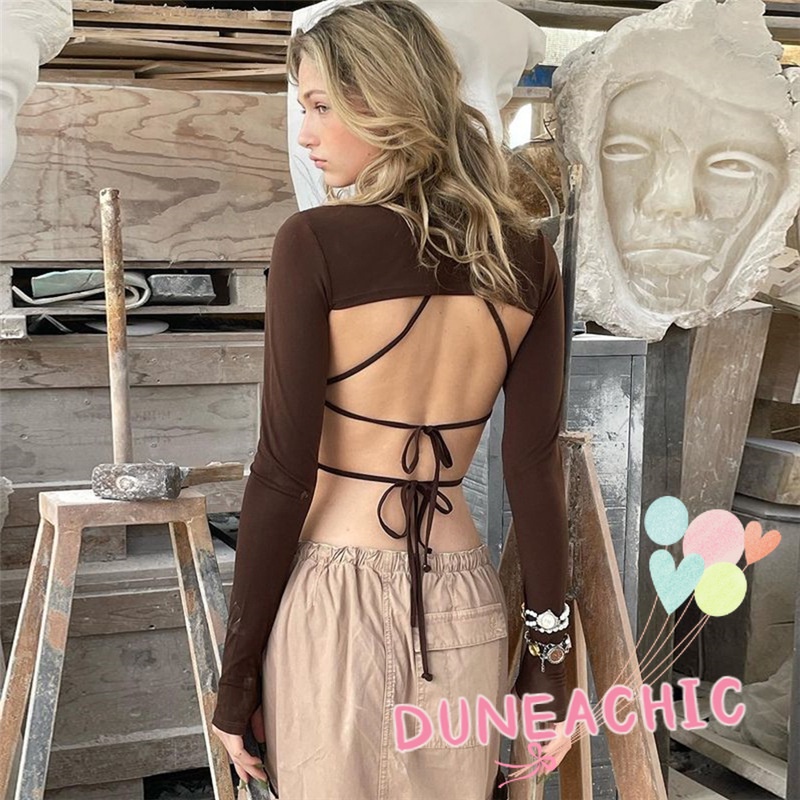 DUNEA Áo kiểu tay dài phối dây quyến rũ cho nữ