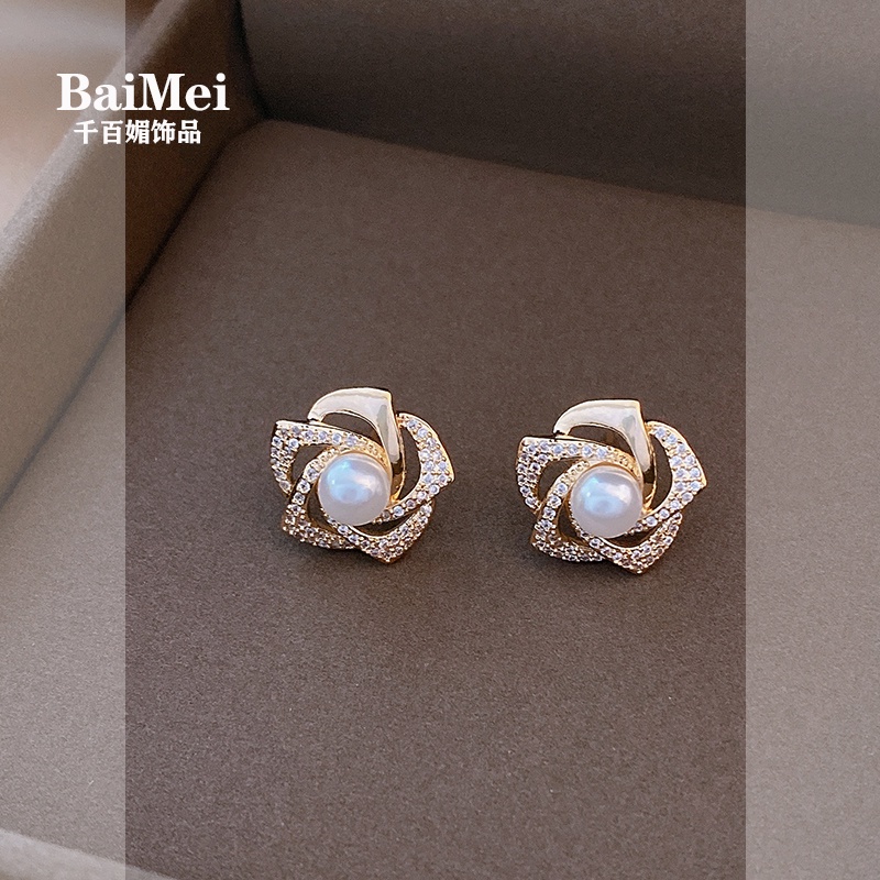 Bông Tai Mạ Bạc 925 Hình Hoa Trà Đính Kim Cương Giả Và Ngọc Trai Phong Cách Hàn Quốc