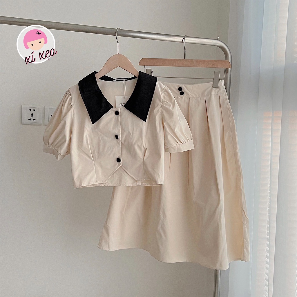 Set váy vintage gồm áo ngắn tay cộc cổ bẻ và chân váy dáng dài tiểu thư Hàn Quốc xixeoshop - v171
