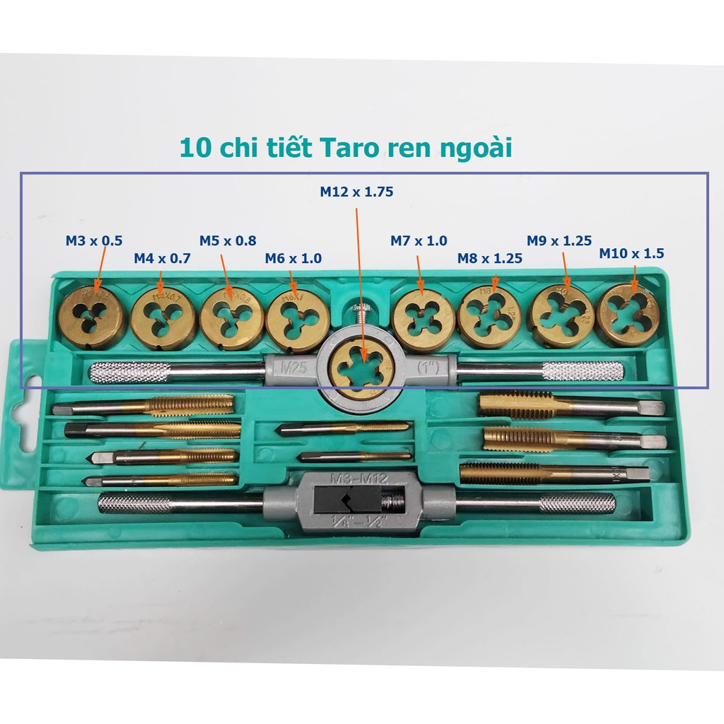 Bộ taro ren ngoài / trong mạ Titan 20 chi tiết.
