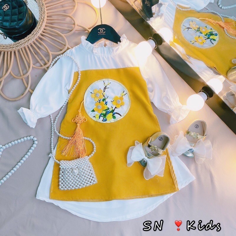 Set Áo dài cách tân hoa mai cho bé gái từ 8-22kg