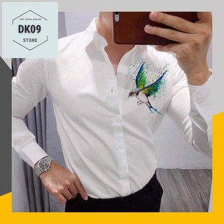 Áo Sơ Mi Dài Tay Cặp Đôi Nam- Nữ 3D Trắng in chim