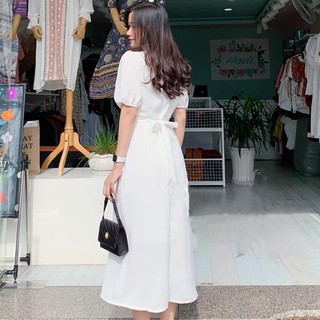 Đầm Dự Tiệc Midi Trắng Cổ V Kèm Dây Cột eo