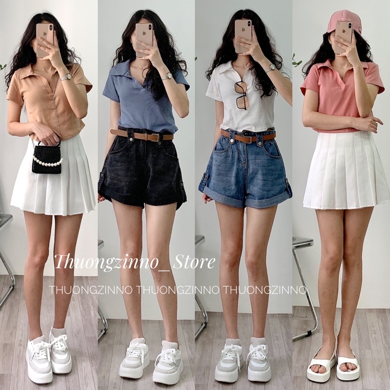 Áo Croptop cổ đức Kiểu Nữ Ôm Body SANJOLI Polo có cổ sơ mi thun Tay Ngắn Form Rộng sexy Cá tính thể thao màu trắng đen
