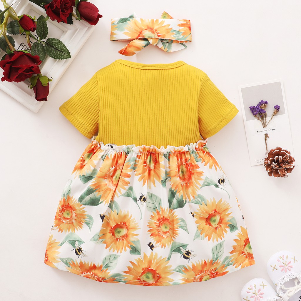 Set đầm + băng đô Mikrdoo vải cotton in hoa phong cách mùa hè xinh xắn dành cho bé gái