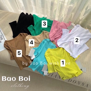 Áo cổ tim cộc tay chất len tăm dáng ngắn dễ mix đồ
