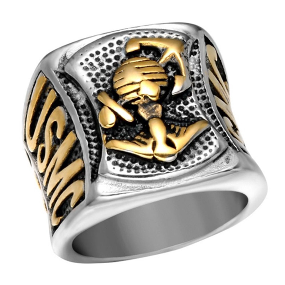 Marine Corps Anchor Gold Ring Men Badge Ring Stone Jewelry