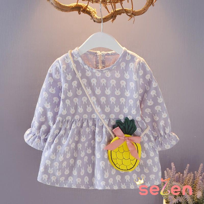 Set Váy tay dài in họa tiết thỏ + túi cà rốt dễ thương cho bé gái