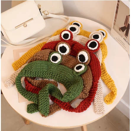 Mũ beanie dệt kim hình ếch mắt to hoạt hình giữ ấm mùa đông cho nữ