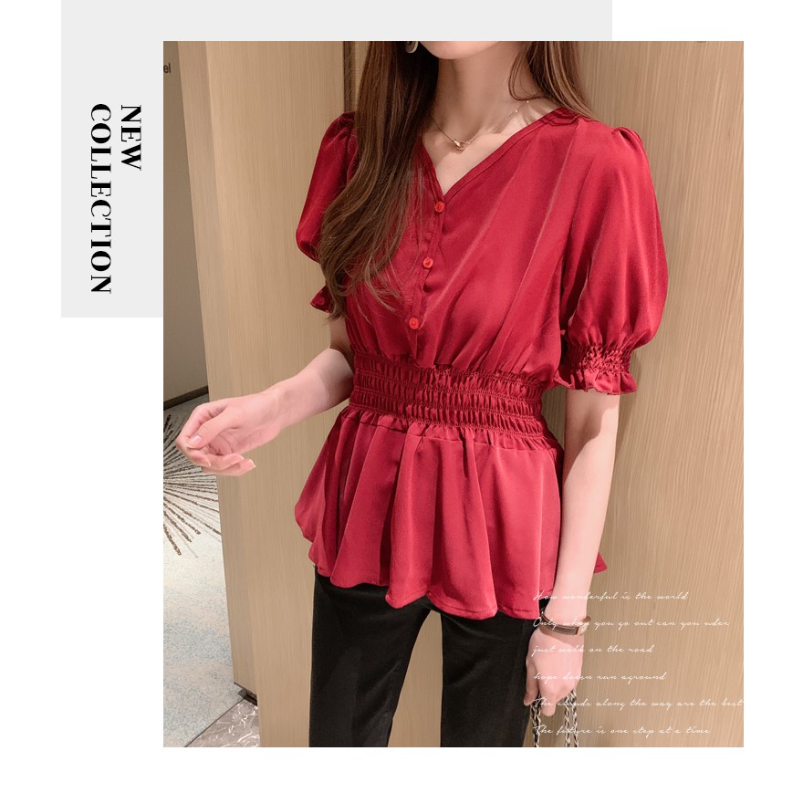 Áo Peplum Tay Ngắn Phối Bèo Phong Cách Hàn Quốc Cho Nữ