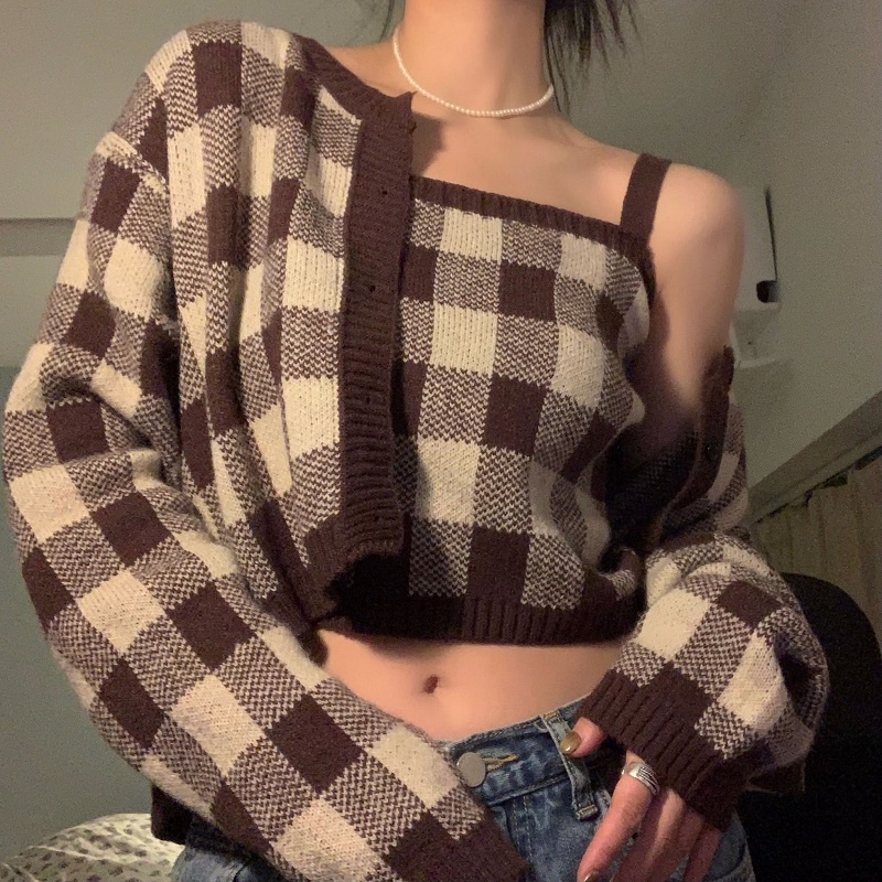 Set Áo Hai Dây + Áo Khoác Cardigan Dệt Kim Thời Trang Nữ